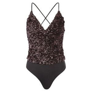 ASTR The Label Women’s Sequin Bodysuit XS Gunmetal Shine Metallic New Years NWOT